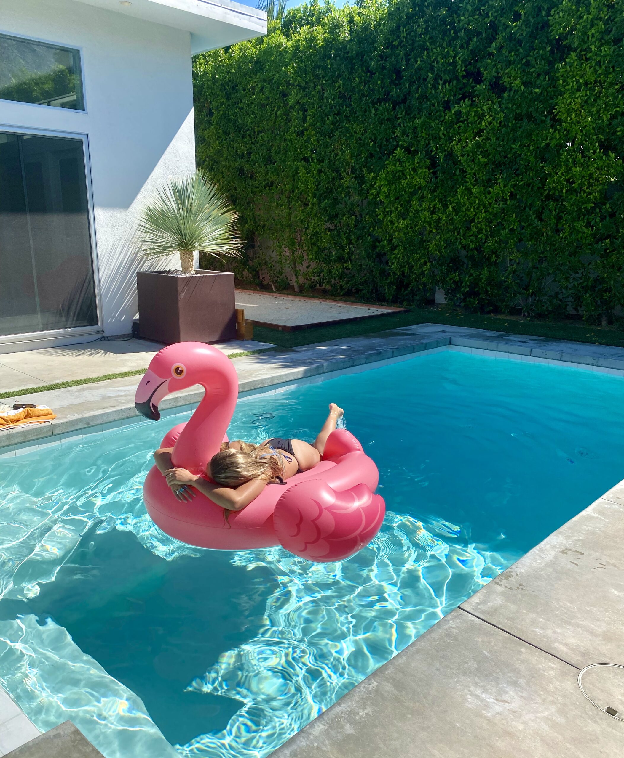 Mulher deitada, abraçada com ma boia de flamingo cor-de-rosa dentro de uma piscina, uma representação ótima sobre não fazer nada.