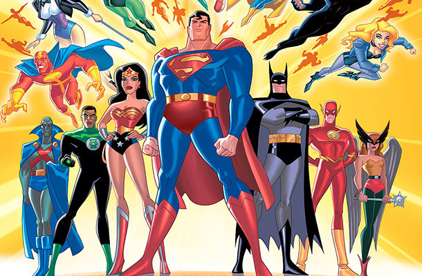 Desenho de alguns membros da Liga da Justiça: Lanterna Verde, Mulher Maravilha, Super Man, Batman e Flash