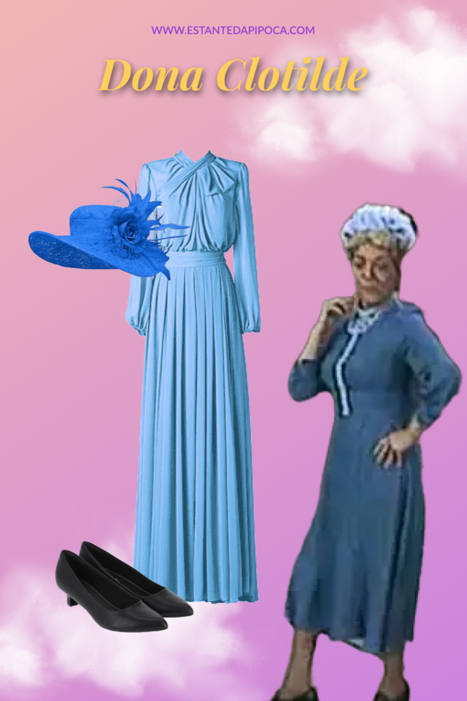 Fantasia de halloween inspirada na bruxa da cultura pop Dona Clotilde, composta por: vestido azul, capéu com flores azul, sapato preto de salto baixo.