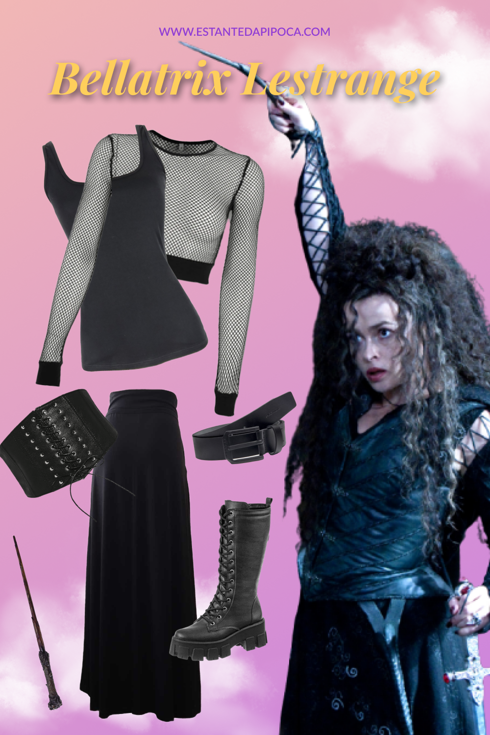 Fantasia de halloween inspirada na bruxa da cultura pop Bellatrix Lestrange composta por: blusa segunda pele arrastão, regata, espartilho, cinto, saia longa, bota de cano alto e varinha, tudo na cor preta.