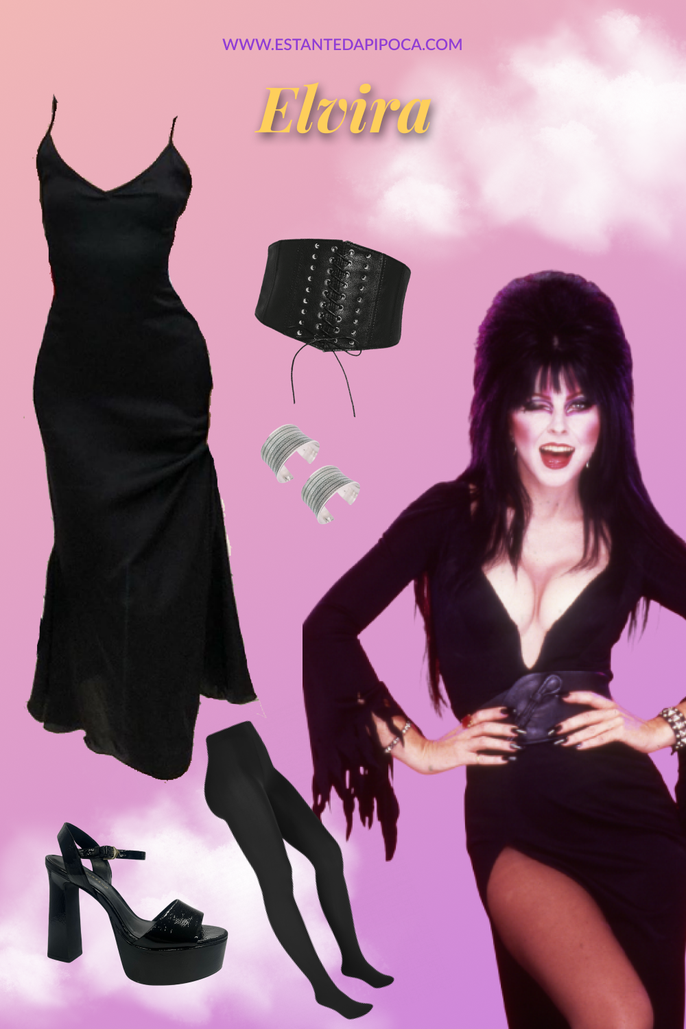 Fantasia de halloween inspirada na bruxa da cultura pop Elvira, composta por: vestido longo com decote e fenda, espartilho, meia-calça e salto alto plataforma, todos na cor preta.