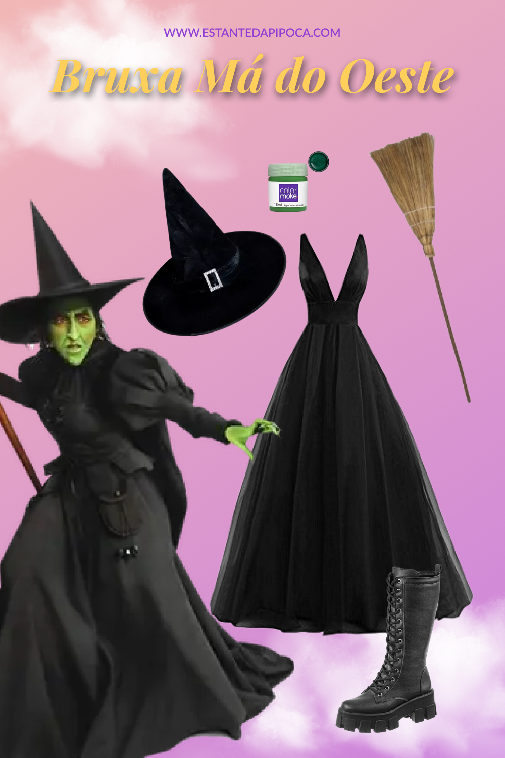 Fantasia de halloween inspirada na bruxa da cultura pop Bruxa Má do Oeste, composta por: vestido preto, chapéu de bruxa preto, bota preta, vassoura e tinta verde para pintura corporal.