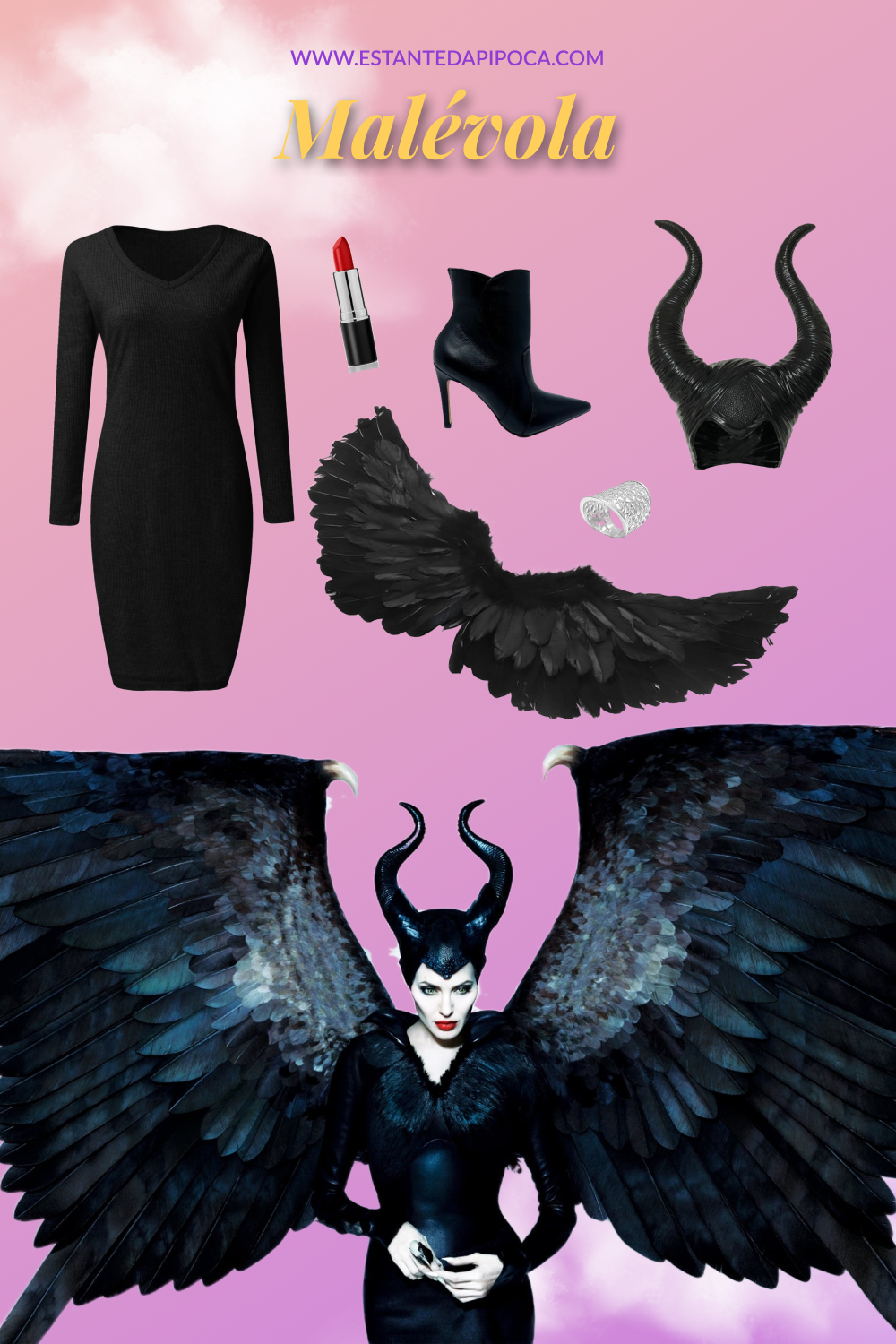 Fantasia de halloween inspirada na bruxa da cultura pop Malévola, composta por: vestido de manga longa preto, salto alto preto, asas pretas, chifre da malévola e batom vermelho.