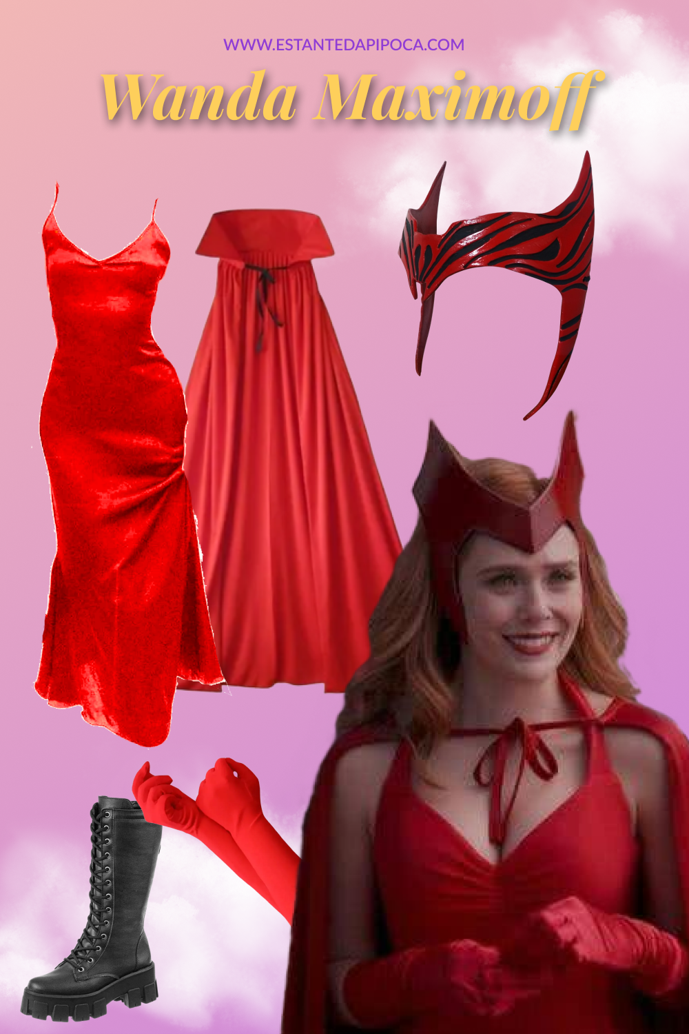 Fantasia de halloween inspirada na bruxa da cultura pop Wanda Maximoff, composta por: vestido, capa e luvas vermelhas, bota de cano alto preta e acessório de cabelo da feiticeira escarlate.