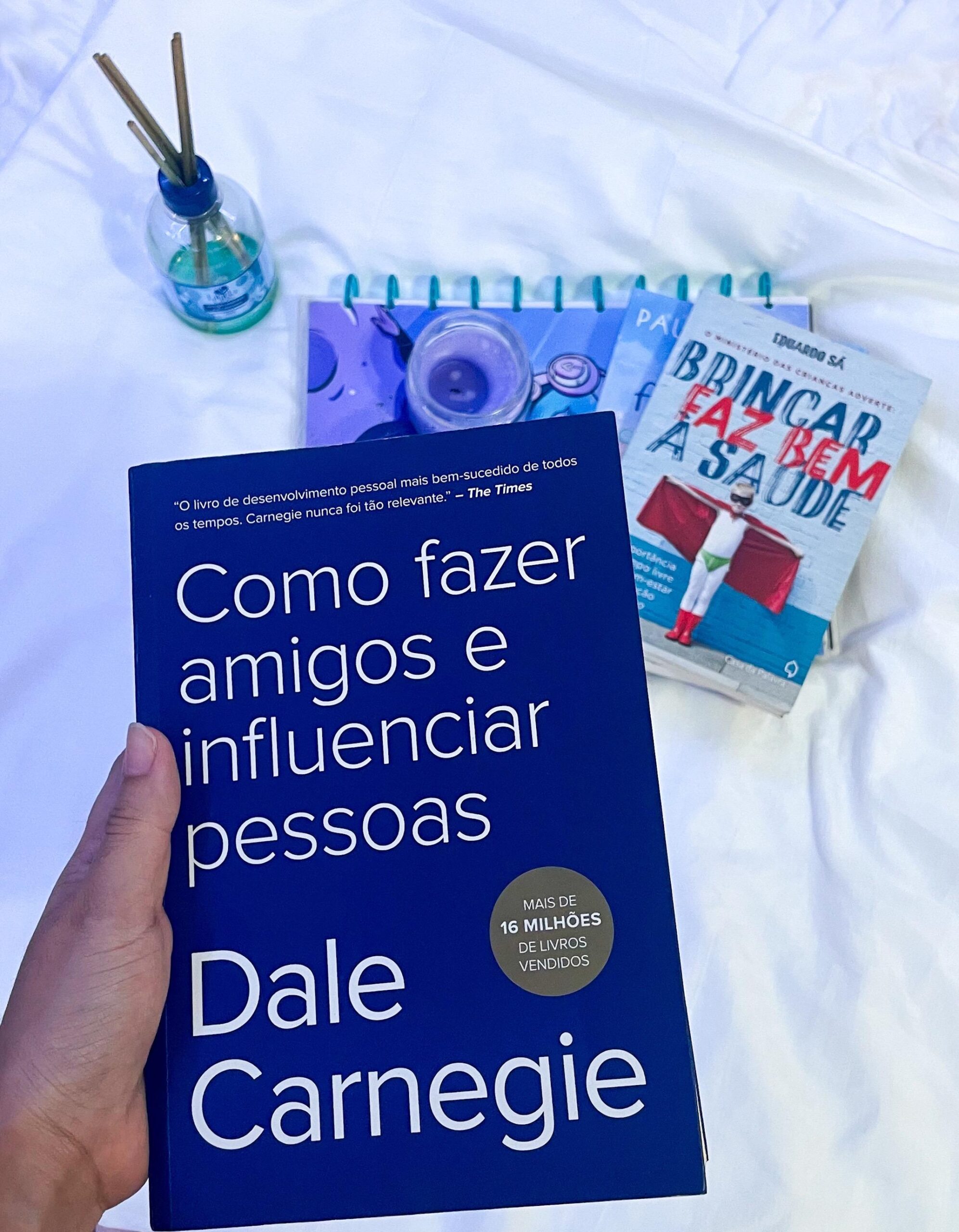 Segurando o livro Como fazer amigos e influenciar pessoas, ao fundo um tecido branco com um caderno roxo, dois livros azuis, uma vela roxa e um difusor azul apoiados