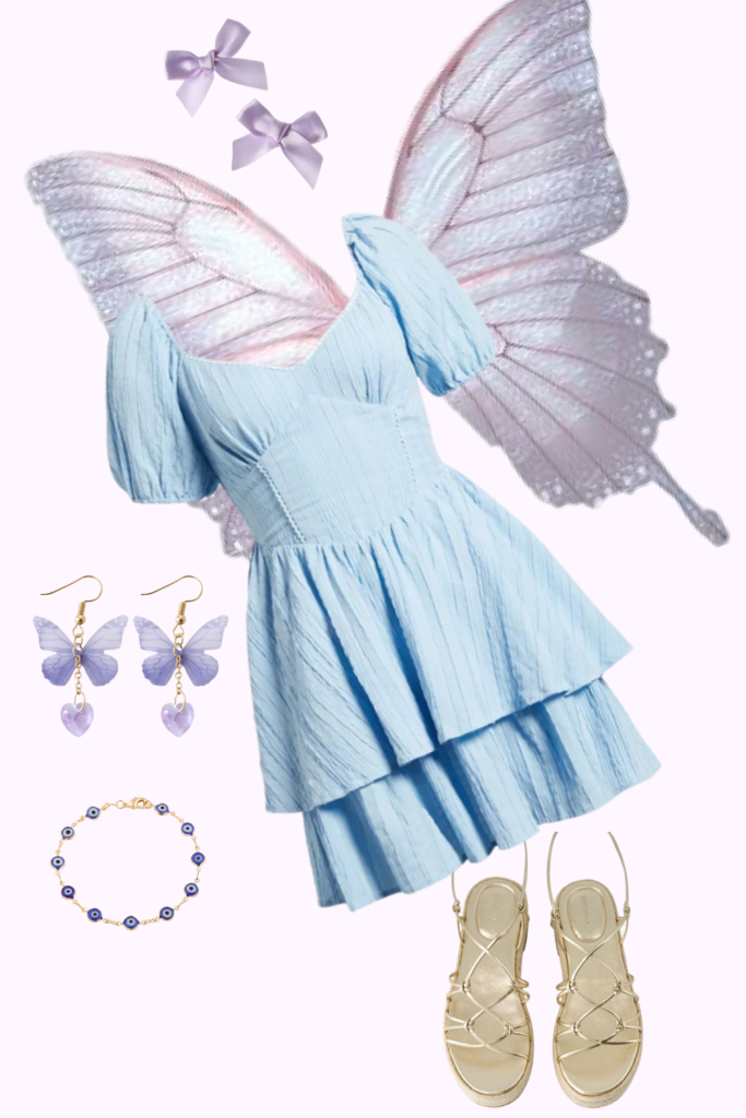 inspiração de fantasia de carnaval de borboleta, sendo: vestido azul; asas de borboleta; laços roxos para os cabelos; brincos em formato de borboleta; pulseira azul; rasteirinha branca.