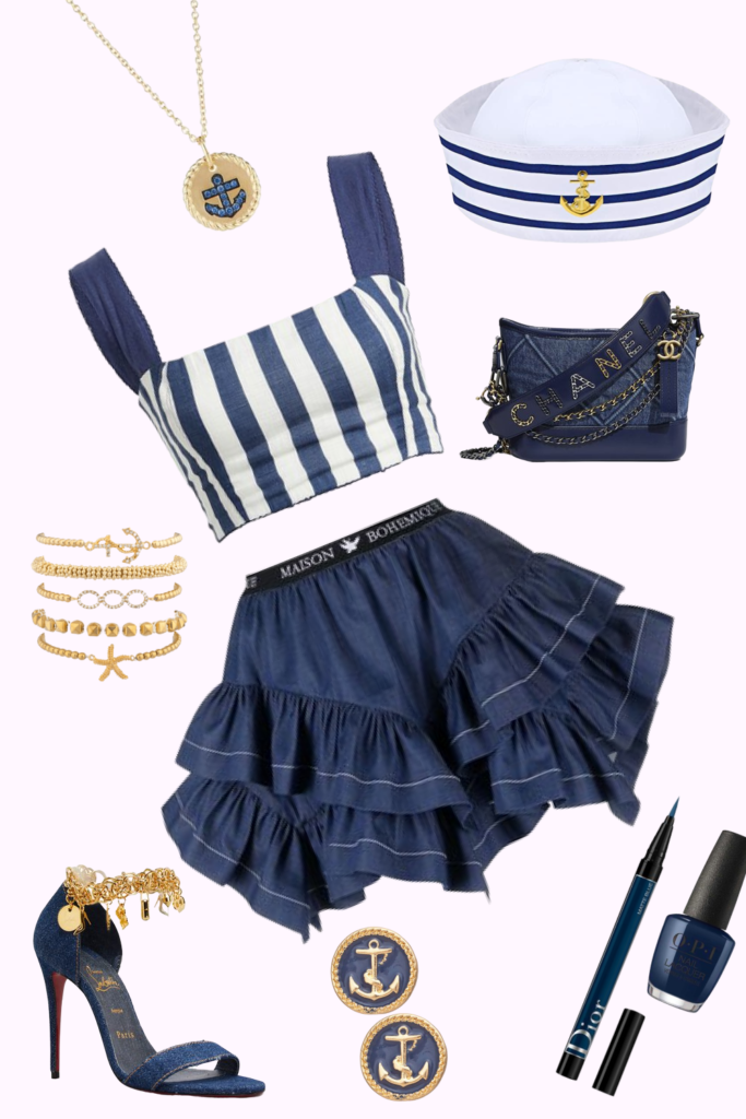 inspiração de fantasia de carnaval de marinheira, sendo: top listrado azul e branco; saia jeans; chapéu de marinheiro; bolsa jeans; colar com pingente de âncora; pulseiras douradas que remetam ao fundo do mar; alto alto azul escuro e dourado; delineador azul; esmalte azul.